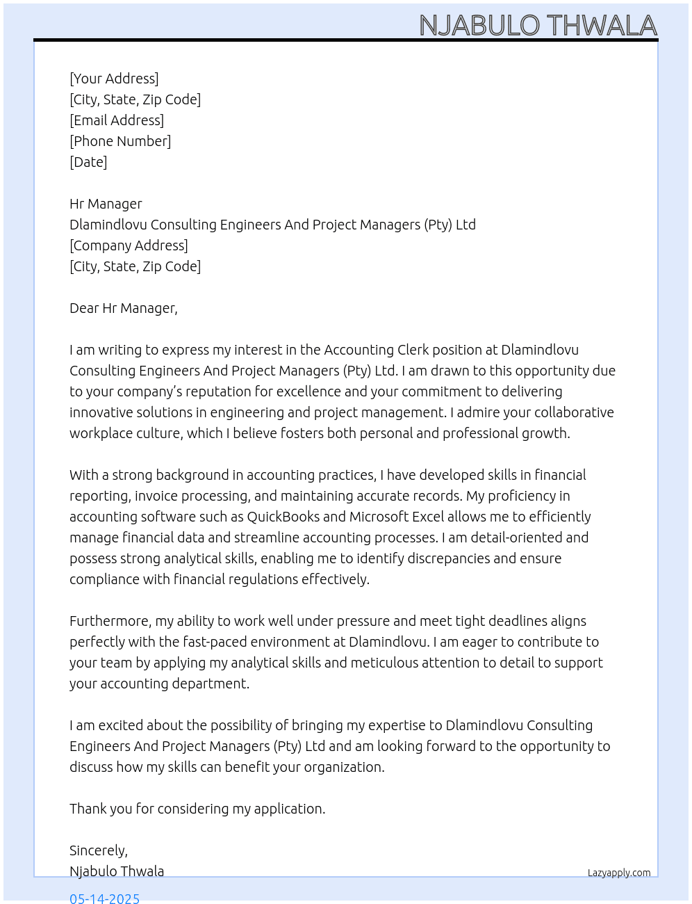 Accounting Clerk At Dlamindlovu Consulting Engineers And Project Managers (Pty) Ltd Cover Letter
