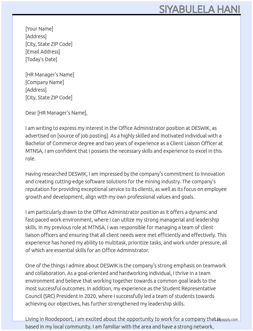 Office Administrator At DESWIK Cover Letter