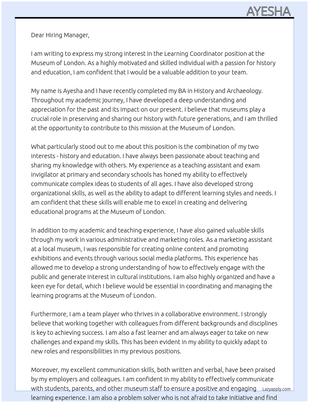 Learning Coordinator  At Museum of London Cover Letter