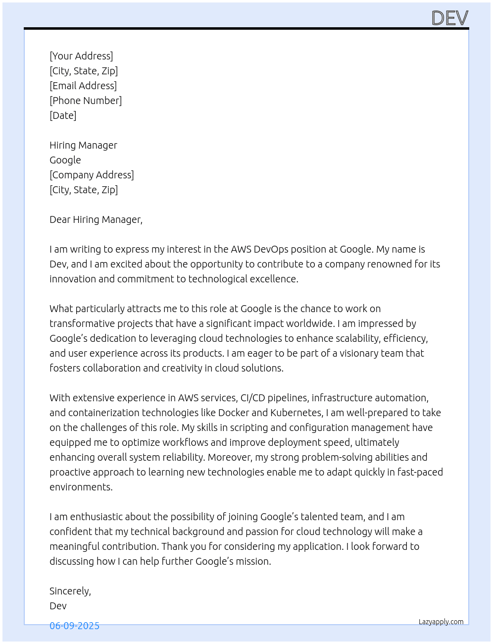 AWS DevOps  At google Cover Letter
