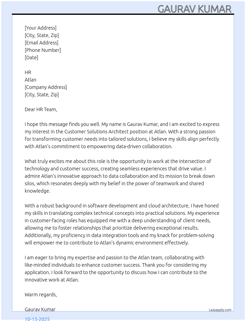 customer solutions Architect At atlan Cover Letter