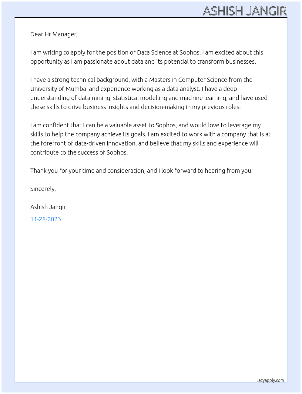 Data Science At Sophos Cover Letter