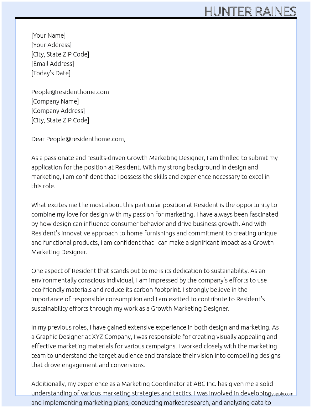 Growth Marketing Designer At Resident Cover Letter