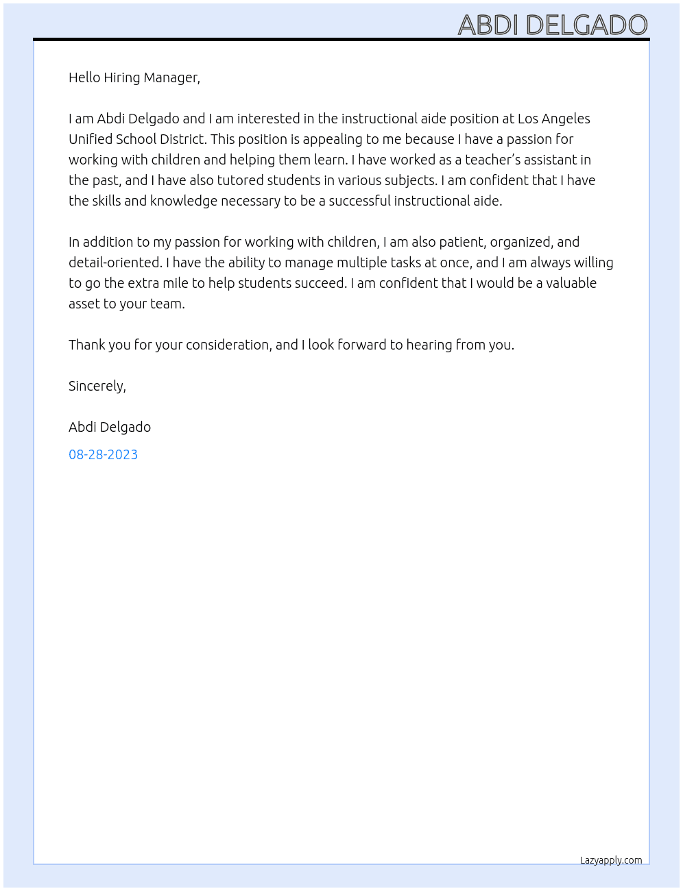 Instructional Aide At Los Angeles Unified School District Cover Letter