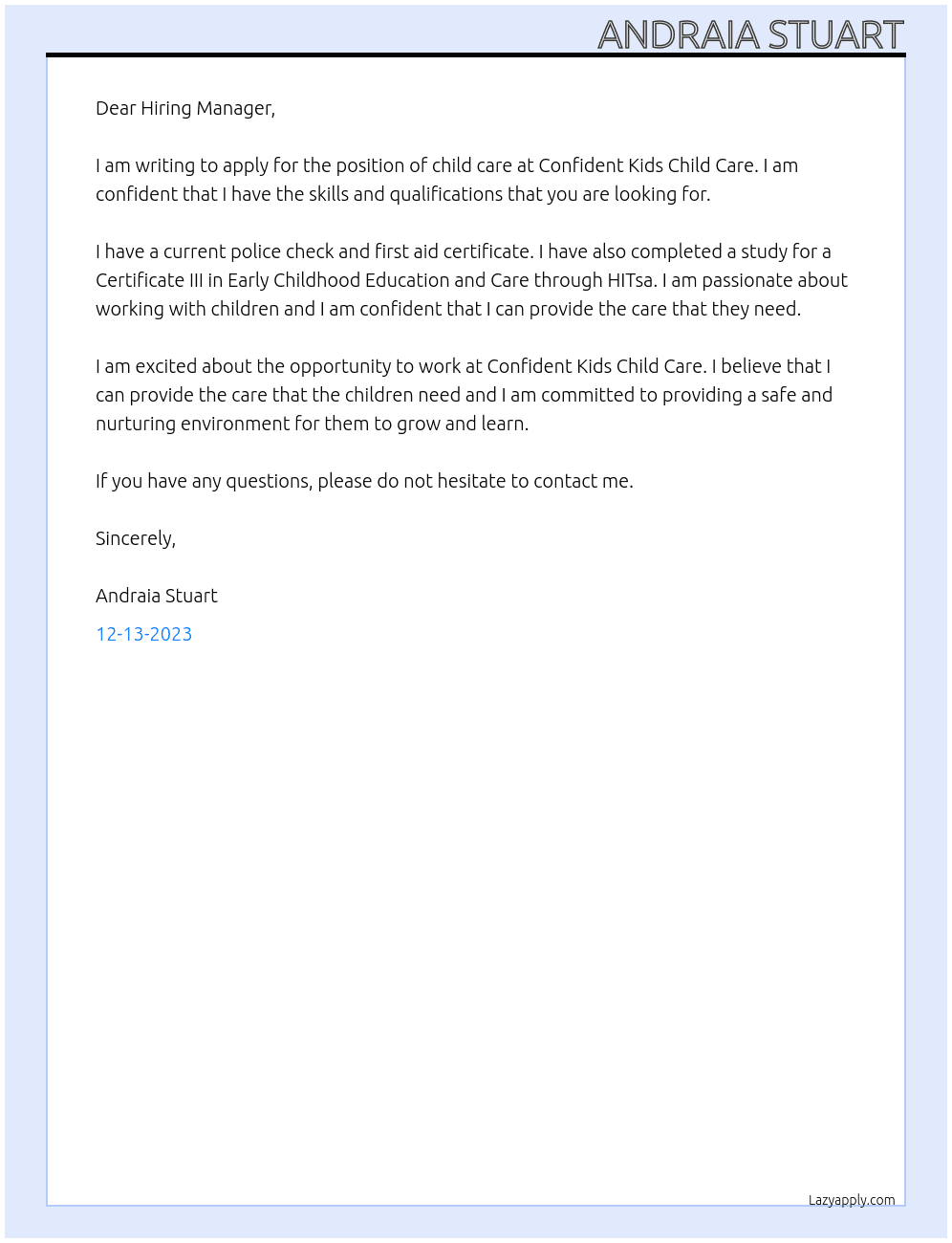 child Care  At Confident Kids Child Care Cover Letter