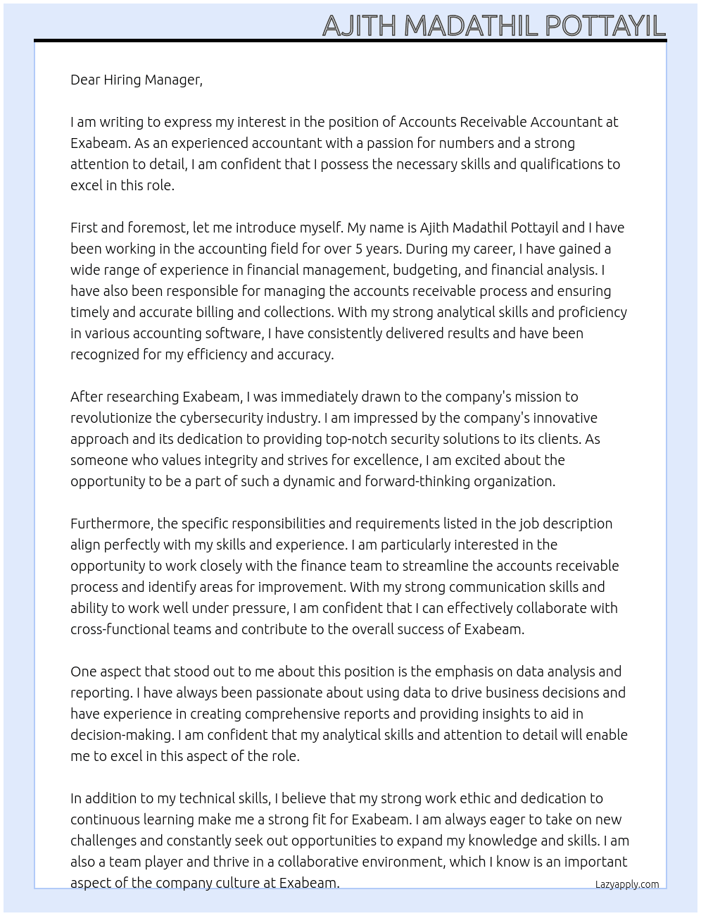 Accounts Receivable Accountant At Exabeam Cover Letter