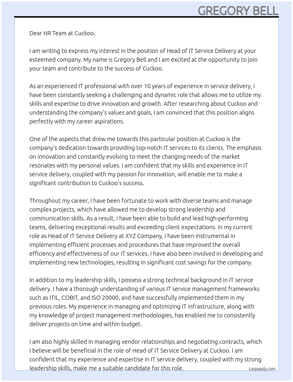 Head of IT Service Delivery   At Cuckoo Cover Letter