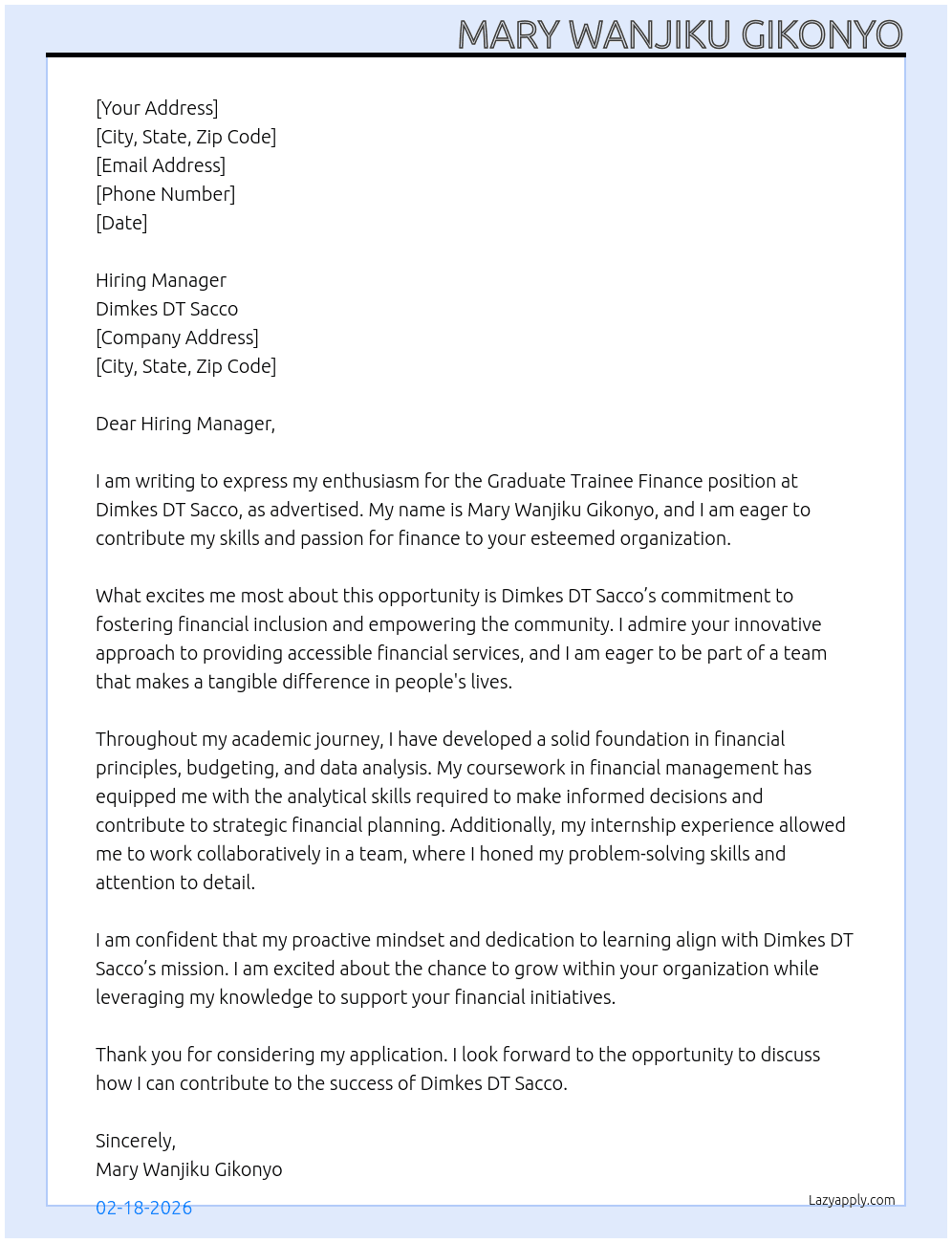 Graduate trainee finaance At Dimkes DT Sacco  Cover Letter