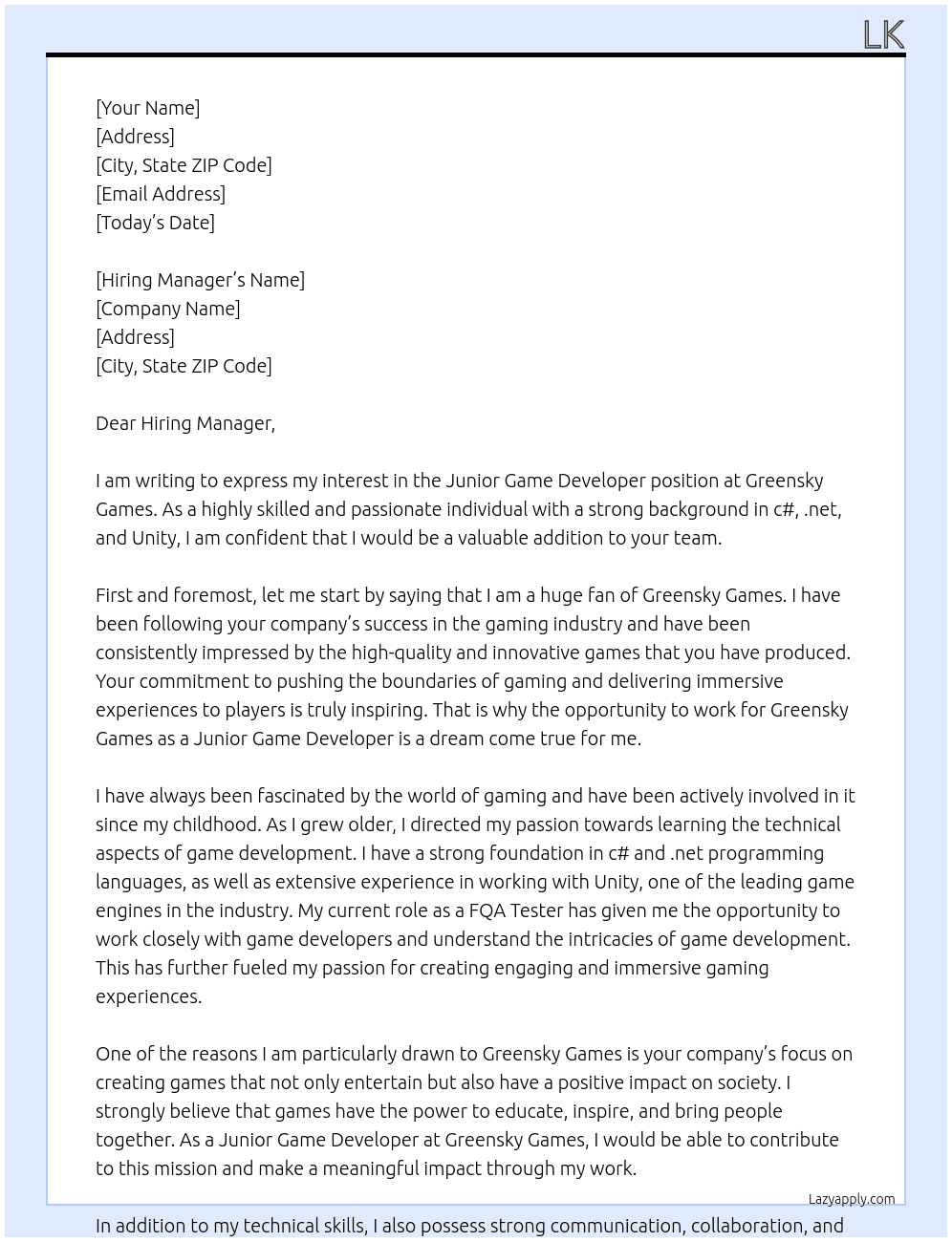 Junior Game Developer At Greensky Games Cover Letter