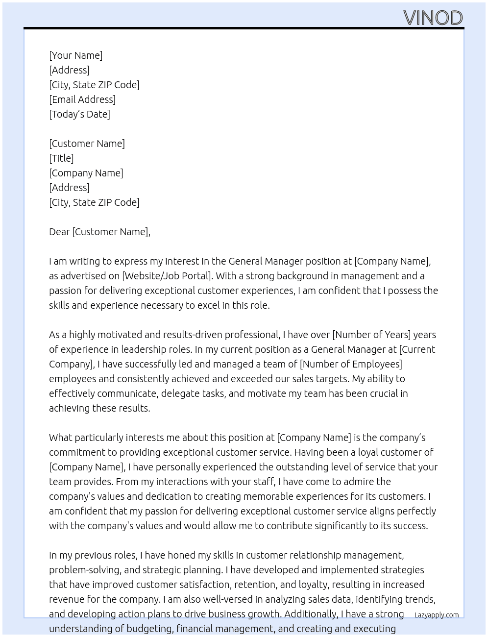 GENERAL MANAGER At CUSTOMER Cover Letter
