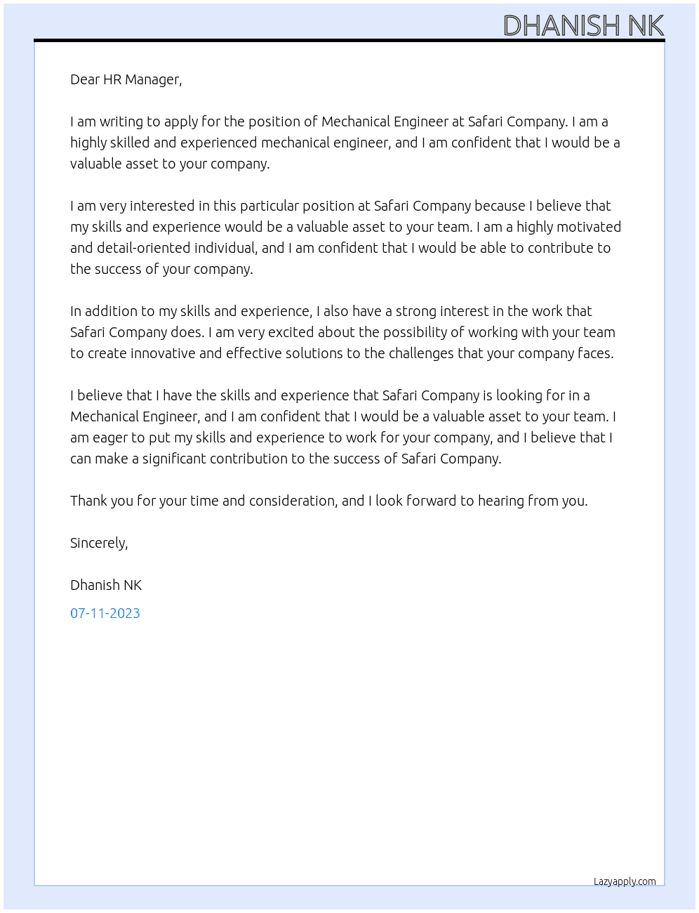 Mechanical engineer  At SAFARI COMPANY  Cover Letter