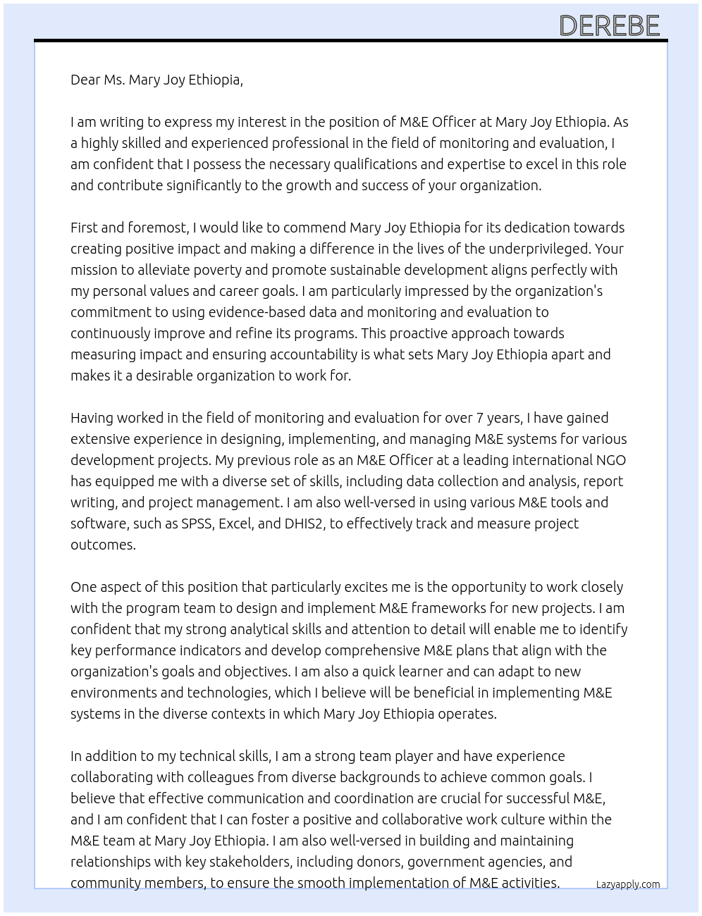 M&E Officer  At  Mary Joy Ethiopia Cover Letter