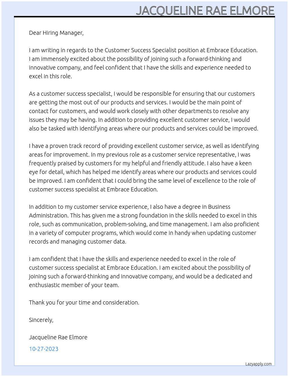 customer success specialist At Embrace Education Cover Letter
