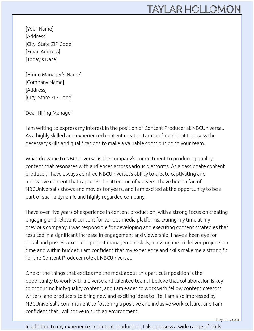 Content Producer At NBCUniversal Cover Letter