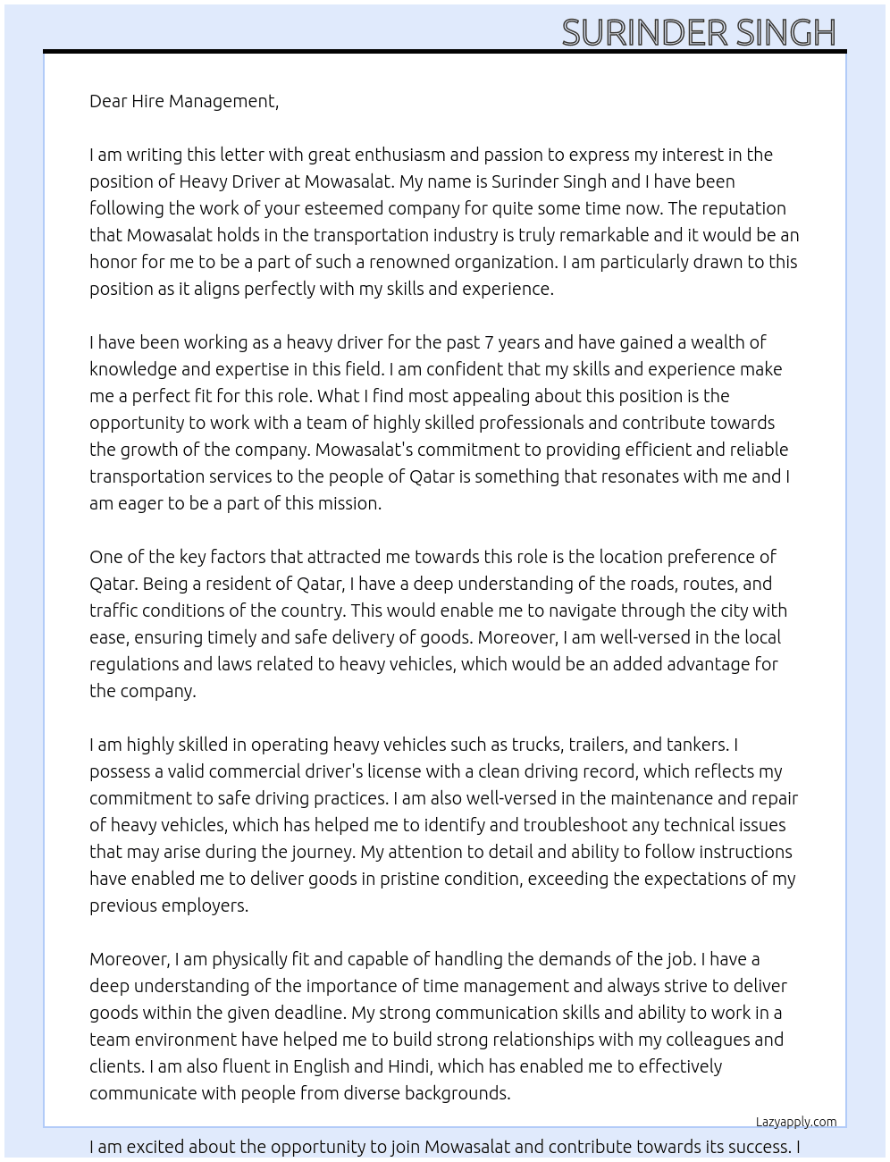 Heavy driver  At Mowasalat  Cover Letter