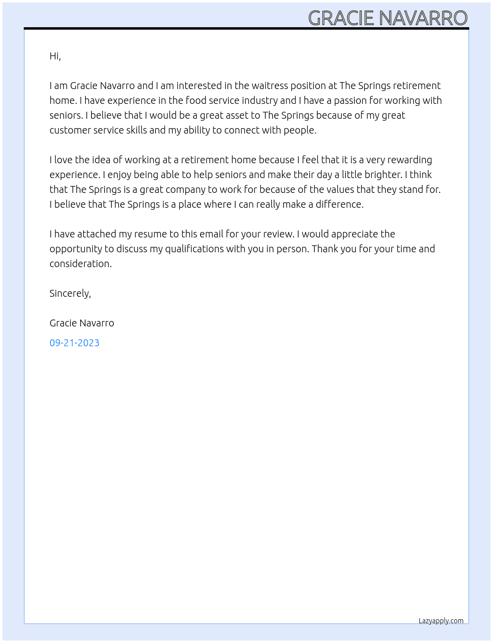 waitress at retirement home At the springs Cover Letter