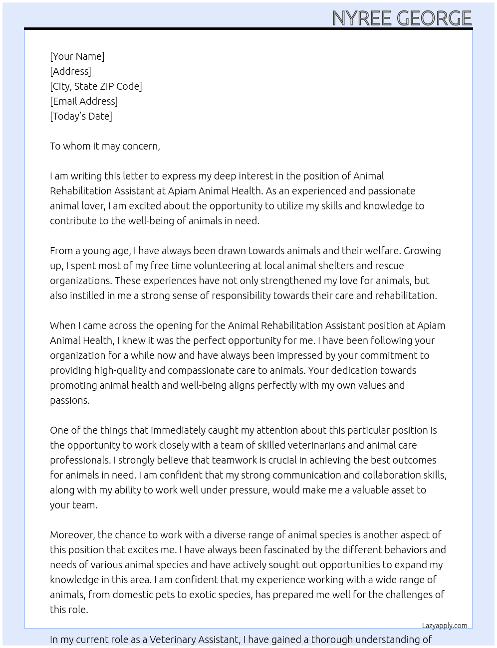 Animal rehabilitation assistant  At Apiam Animal Health Cover Letter