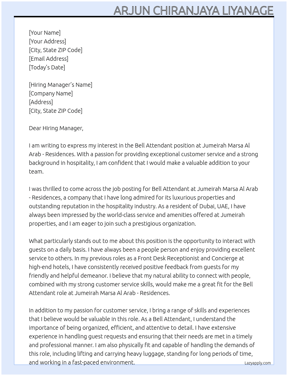 Bell Attendant  At Jumeirah Marsa Al Arab - Residences Cover Letter