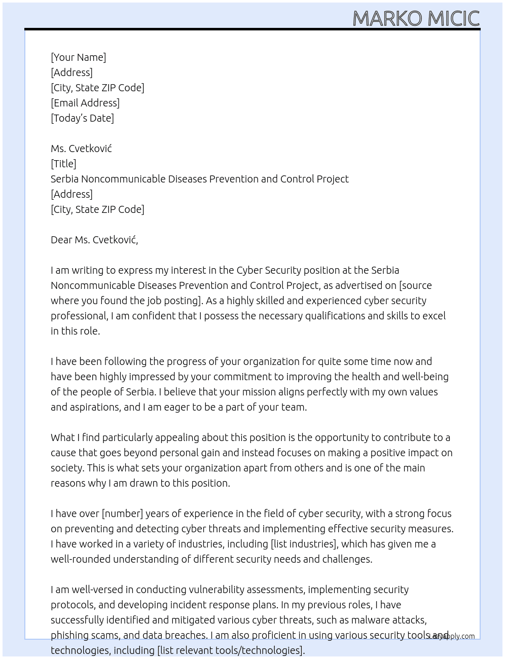 cyber security At Serbia Noncommunicable Diseases Prevention and Control Project Cover Letter