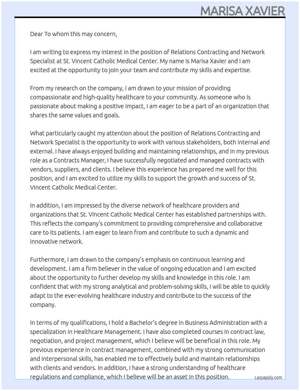 Relations Contracting and Network Specialist At St. Vincent Catholic Medical Center Cover Letter