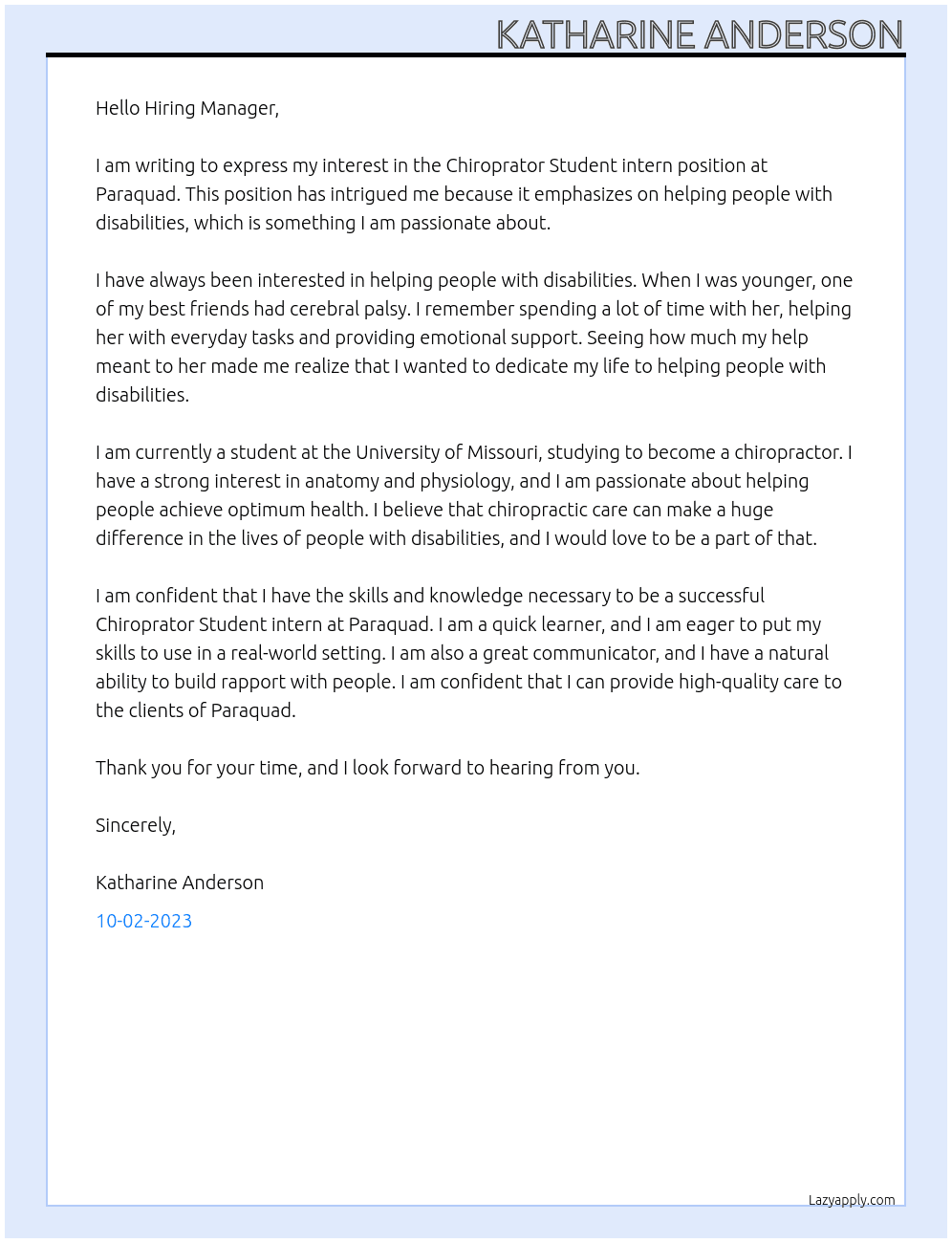 Chiroprator Student intern  At Paraquad  Cover Letter