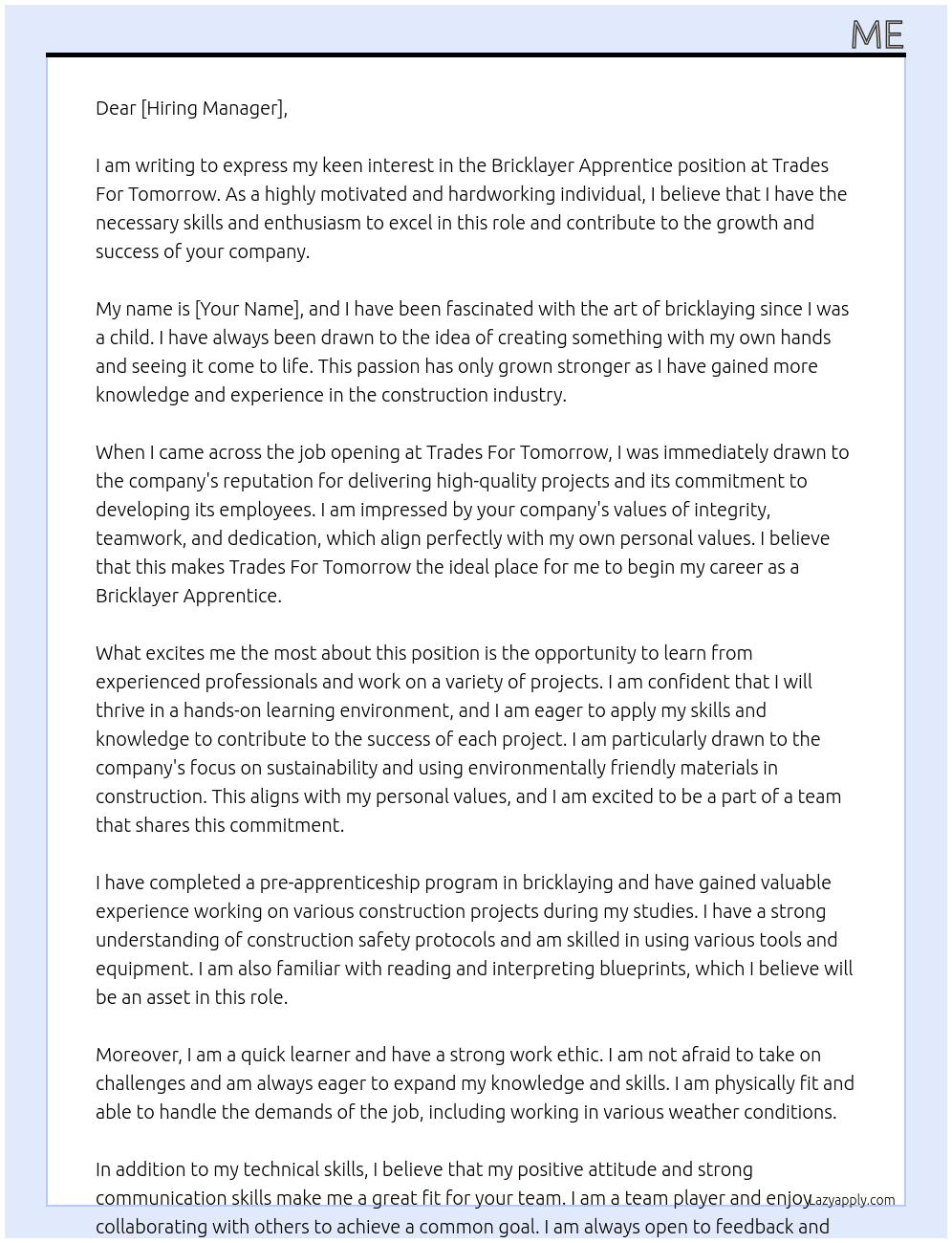 Bricklayer Apprentice At Trades For Tomorrow Cover Letter