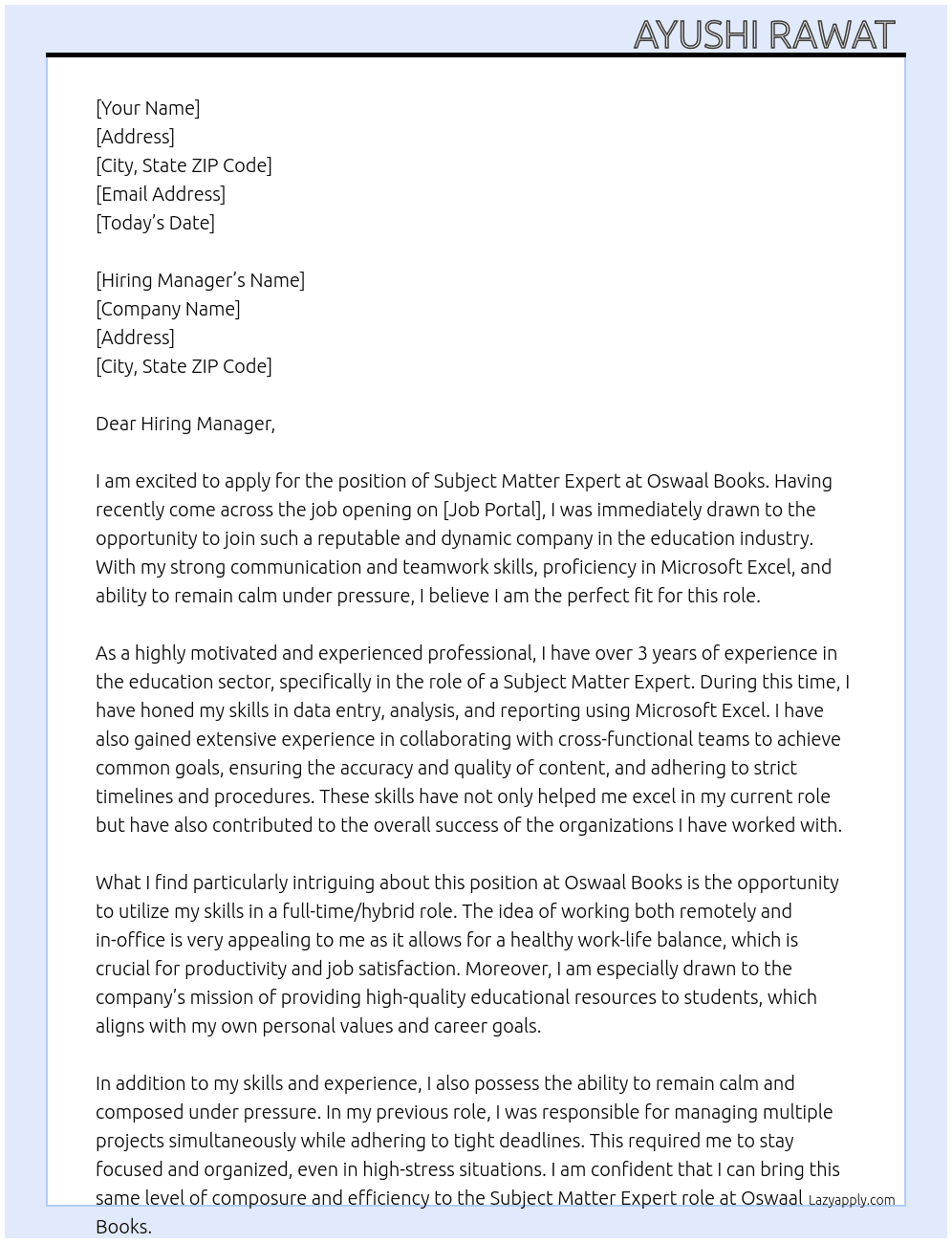 Subject Matter Expert  At Oswaal books Cover Letter