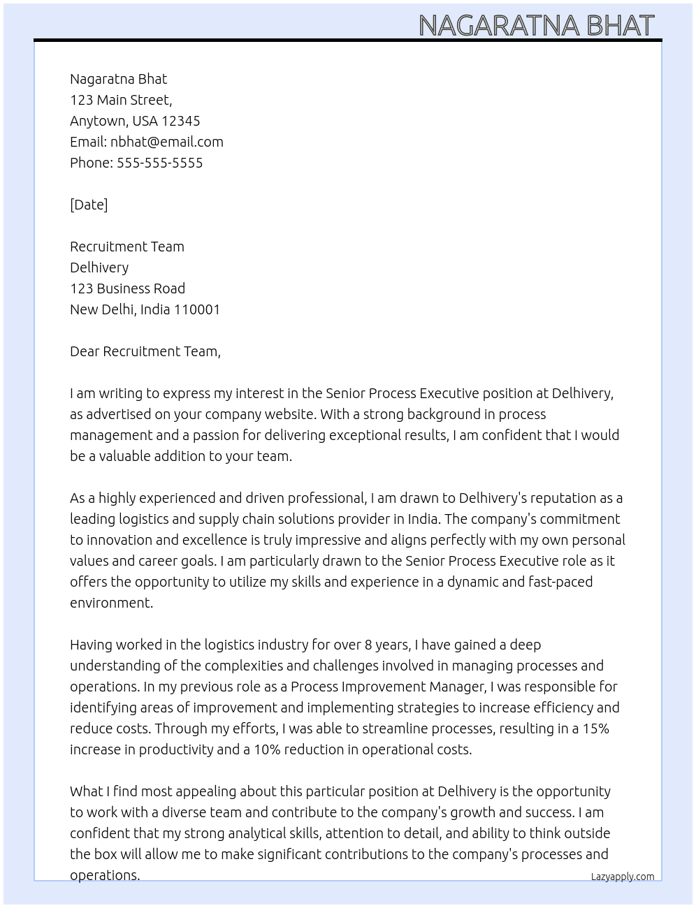 Senior process executive  At Delhivery Cover Letter