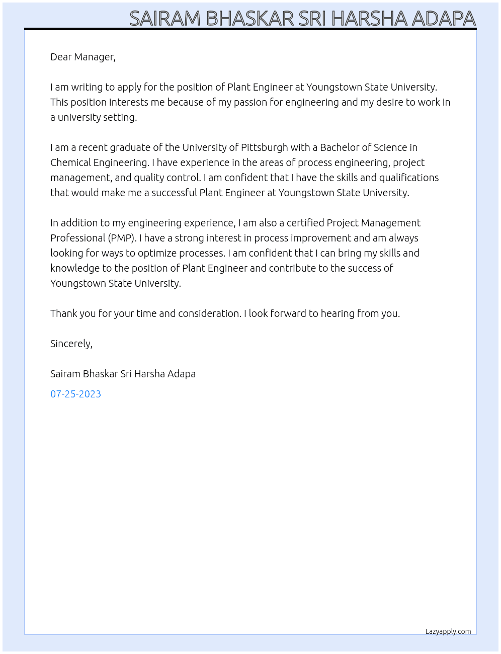 Plant engineer  At Youngstown state university  Cover Letter