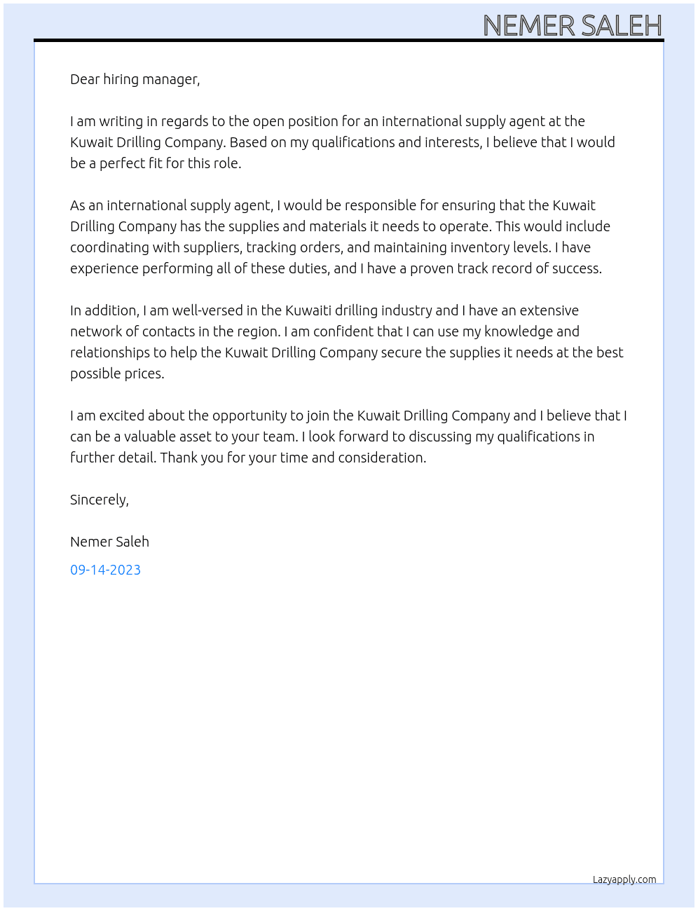 international supply agent At Kuwait Drilling Company Cover Letter