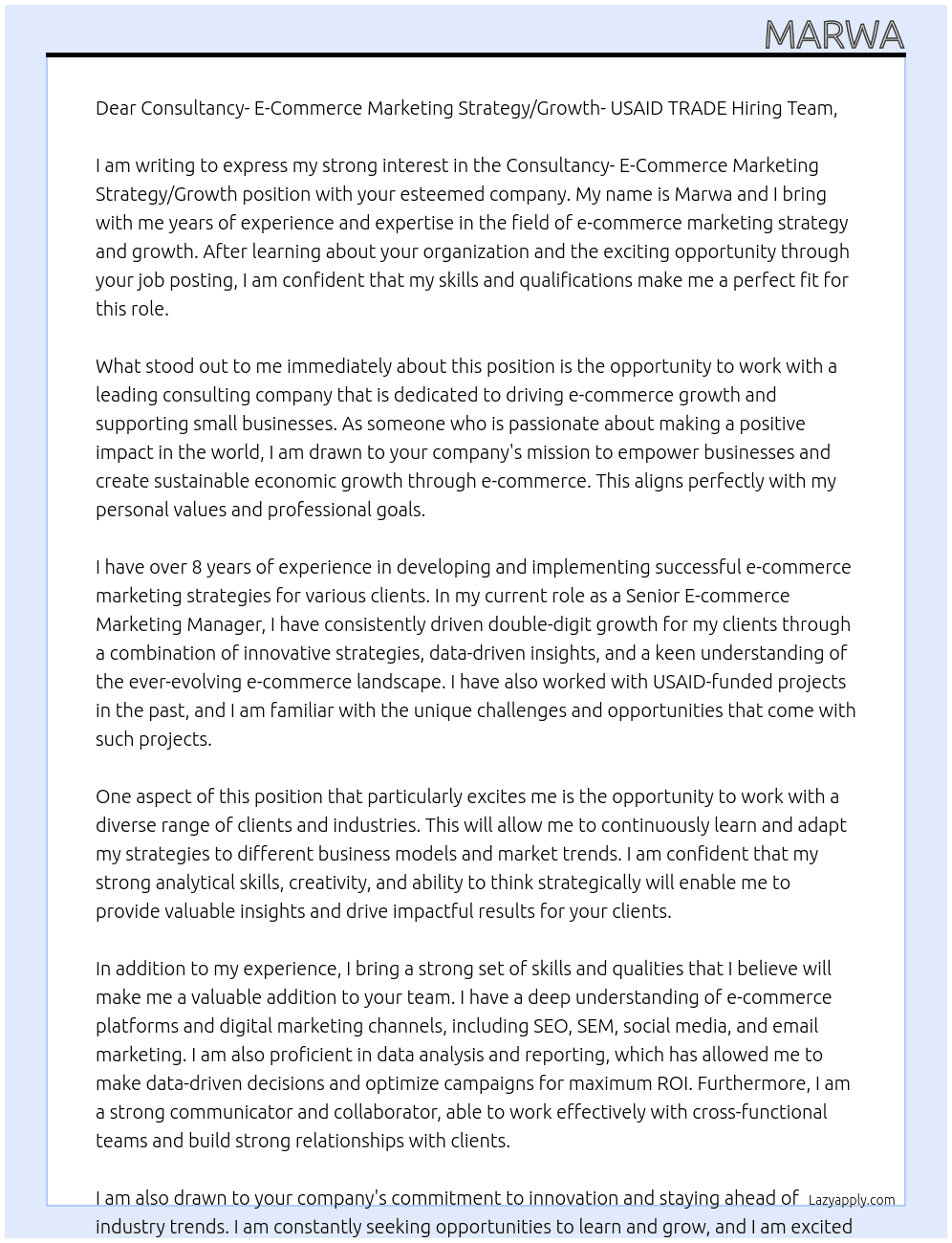 Consultancy- E-Commerce Marketing Strategy/Growth- USAID TRADE At Consultancy- E-Commerce Marketing Strategy/Growth- USAID TRADE Cover Letter