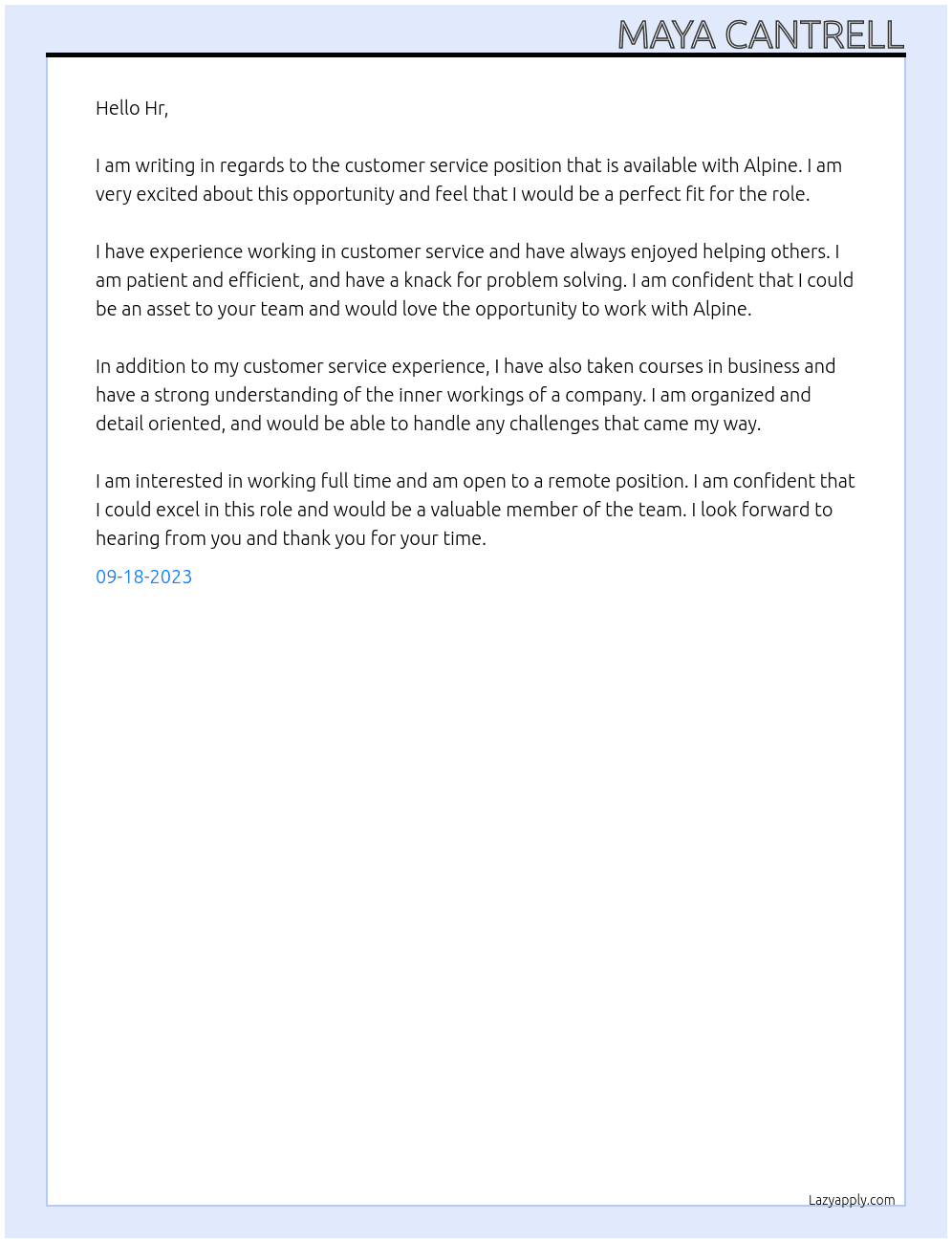 customer service At Alpine Cover Letter