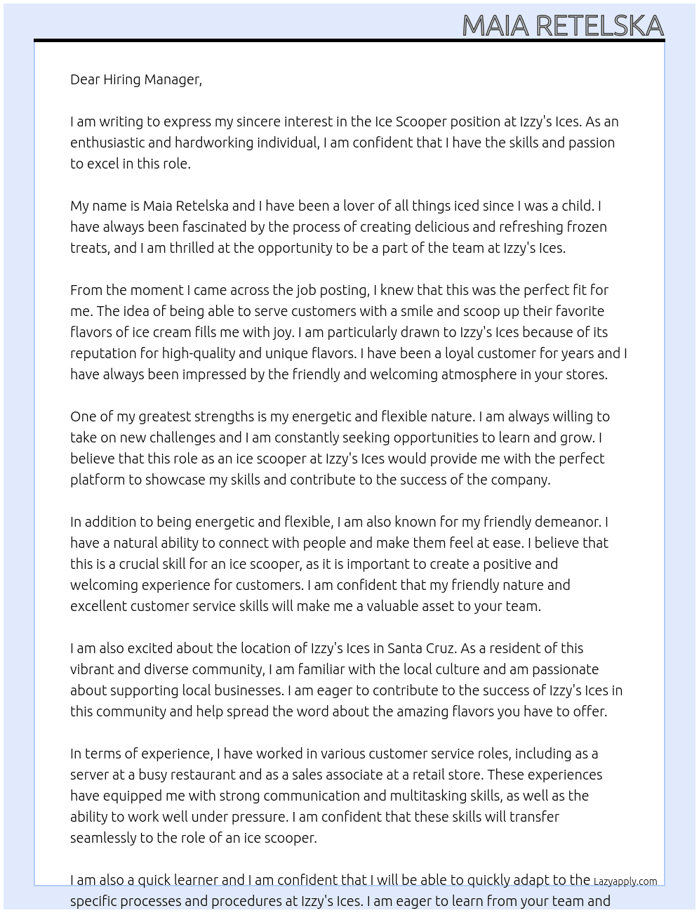 Ice scooper At Izzy's ices Cover Letter