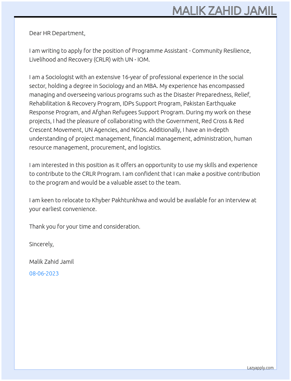 Programme Assistant - Community Resilience, Livelihood and Recovery (CRLR)  At UN - IOM Cover Letter