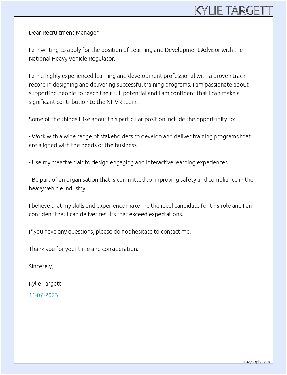 Learning and Development Advisor At National Heavy Vehicle Regulator Cover Letter