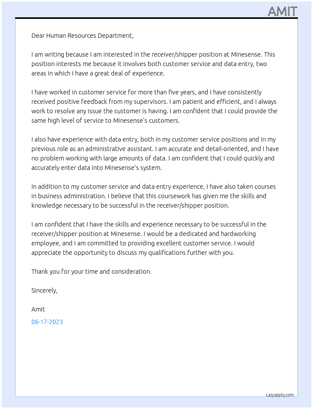 receiver/shiipper At minesense Cover Letter