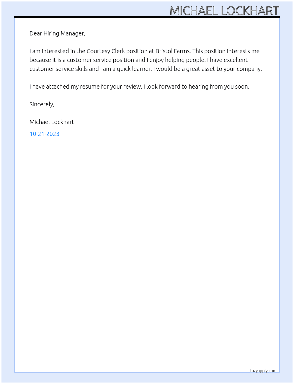 Courtesy Clerk At Bristol Farms Cover Letter