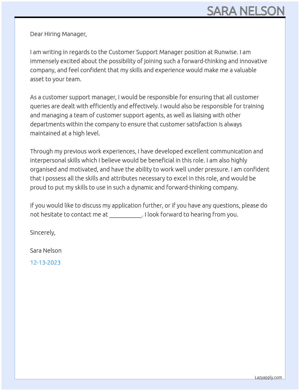 Customer Support Manager At Runwise Cover Letter