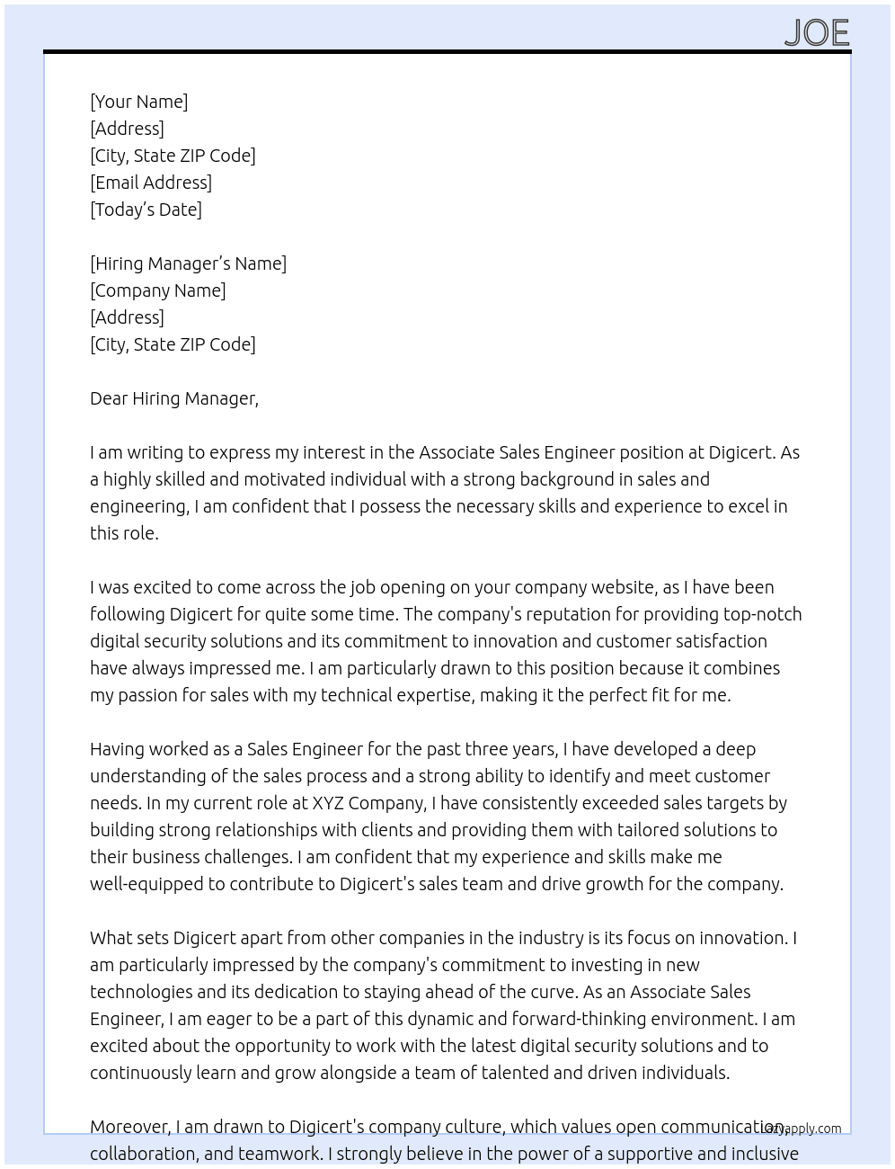 Associate Sales Engineer At Digicert Cover Letter