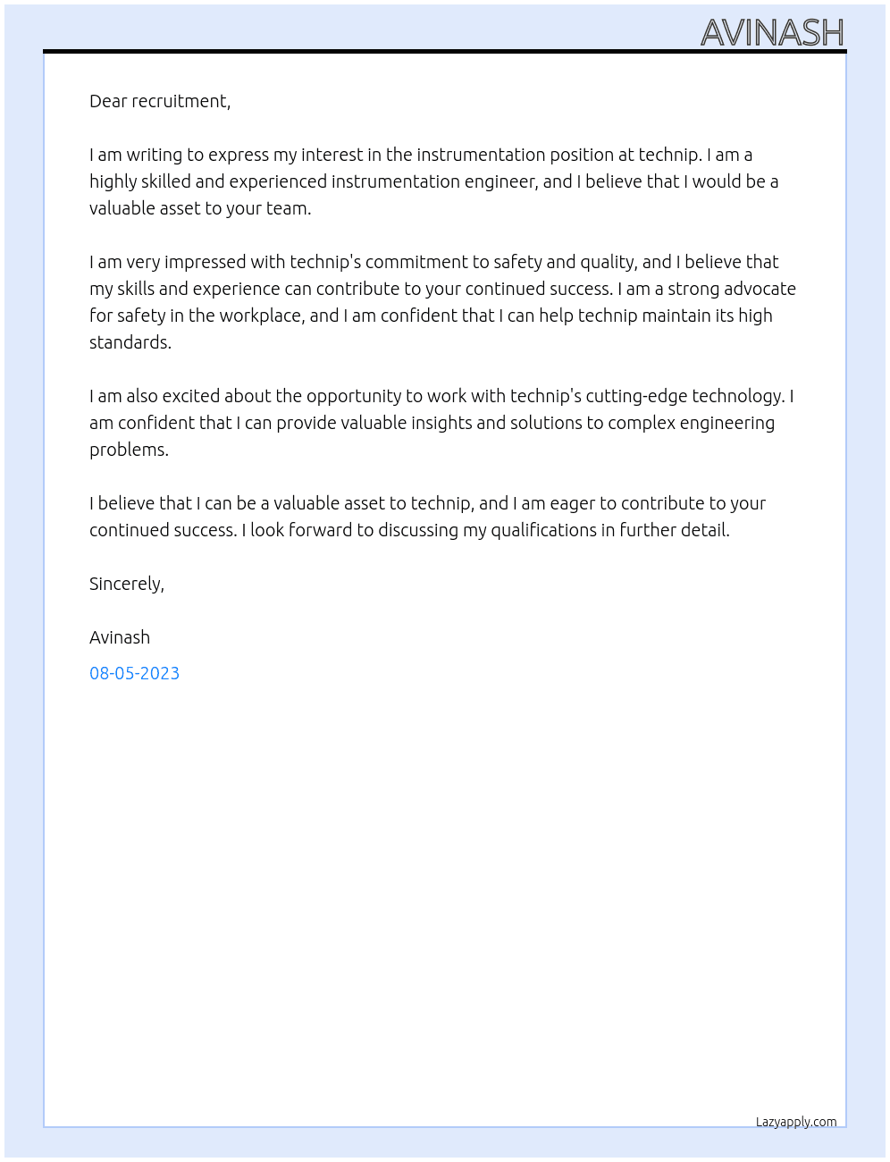 instrumentation  At technip Cover Letter