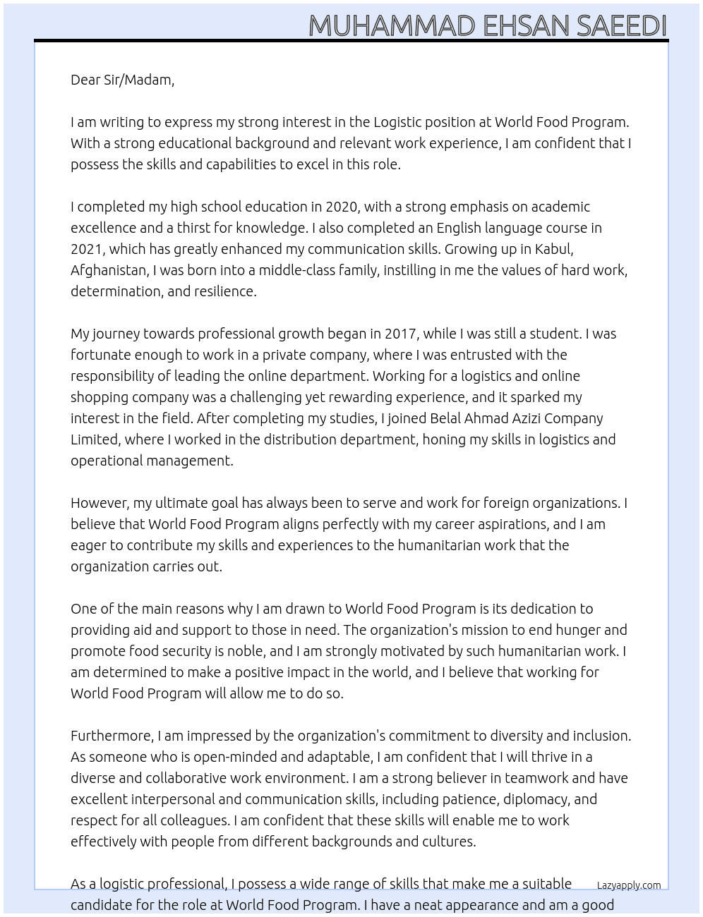 Logistic  At World Food Program  Cover Letter