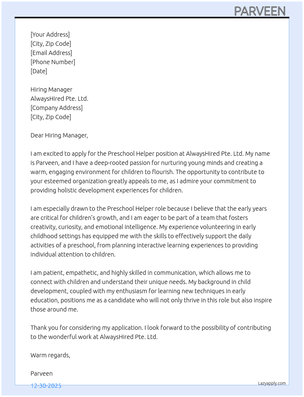 Cover letter for preschool helper - LazyApply