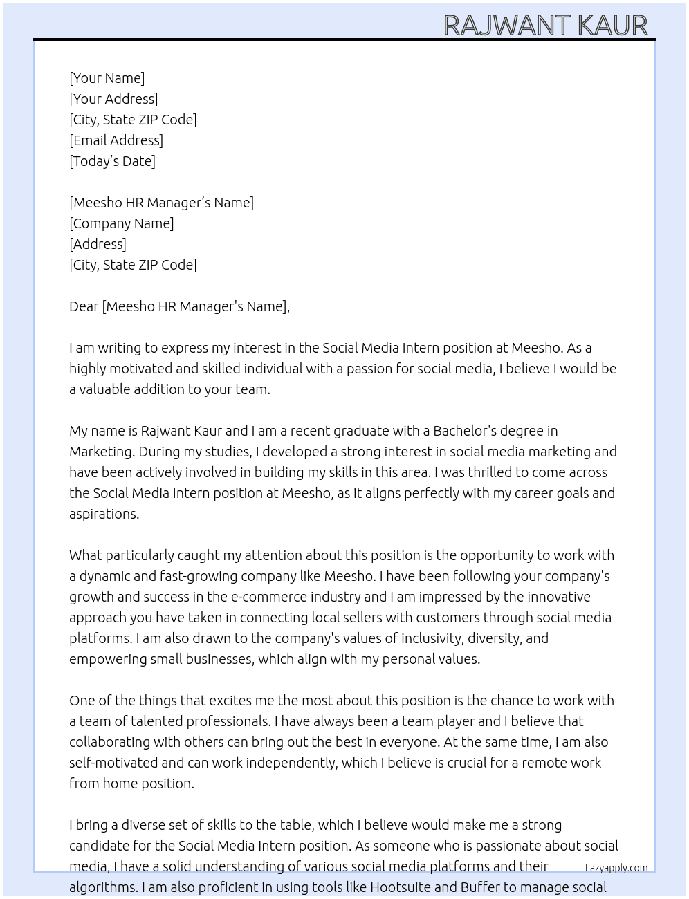social media intern At Meesho Cover Letter