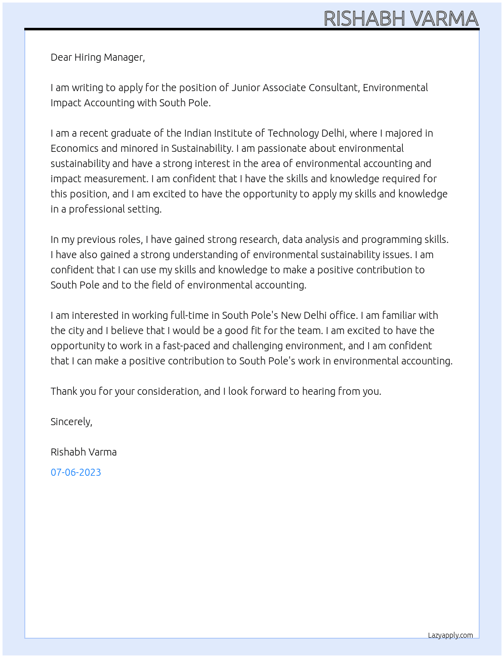 Junior Associate Consultant, Environmental Impact Accounting At South Pole Cover Letter