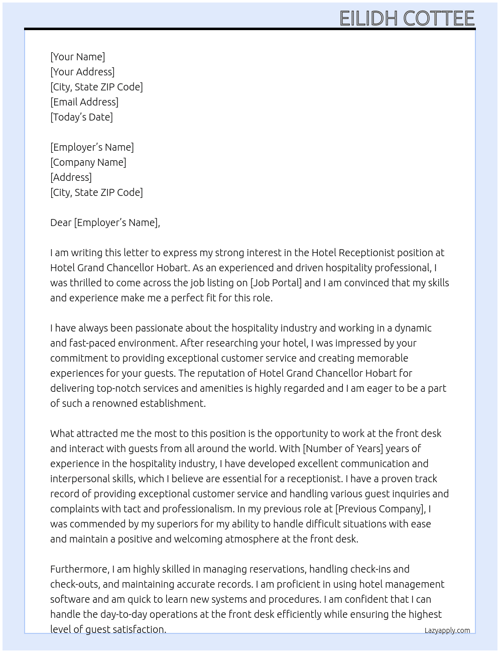 Hotel Reception At Hotel Grand Chancellor Hobart Cover Letter