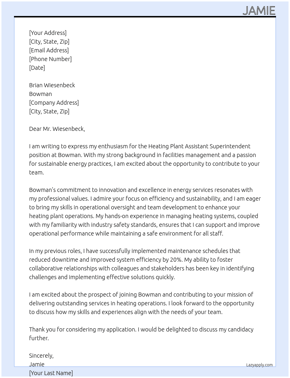 heating plant assistant superintendent At Bowman Cover Letter