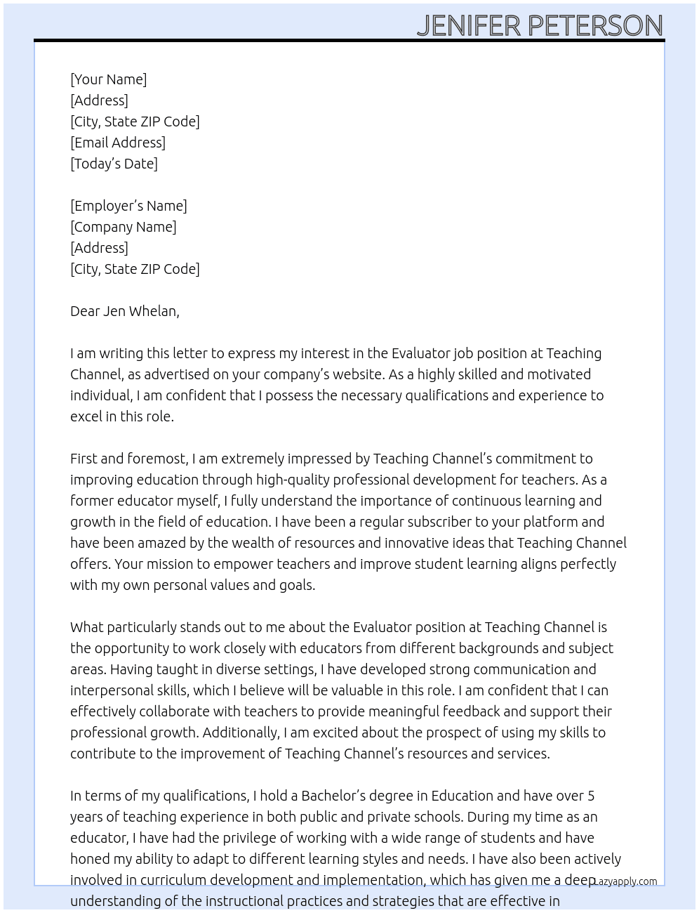 evaluator job At Teaching Channel Cover Letter
