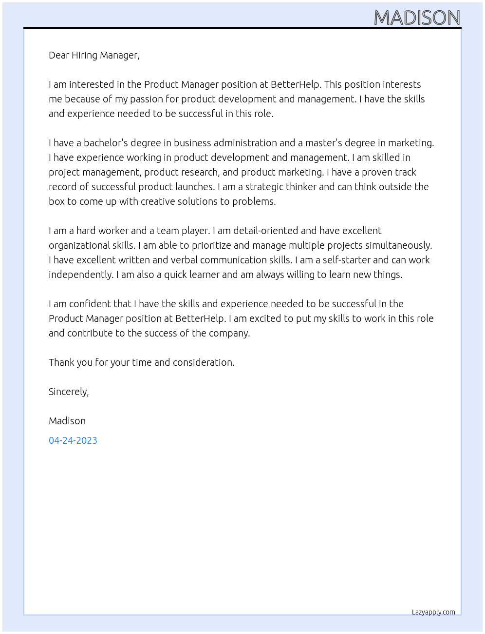 Product Manager  At BetterHelp  Cover Letter