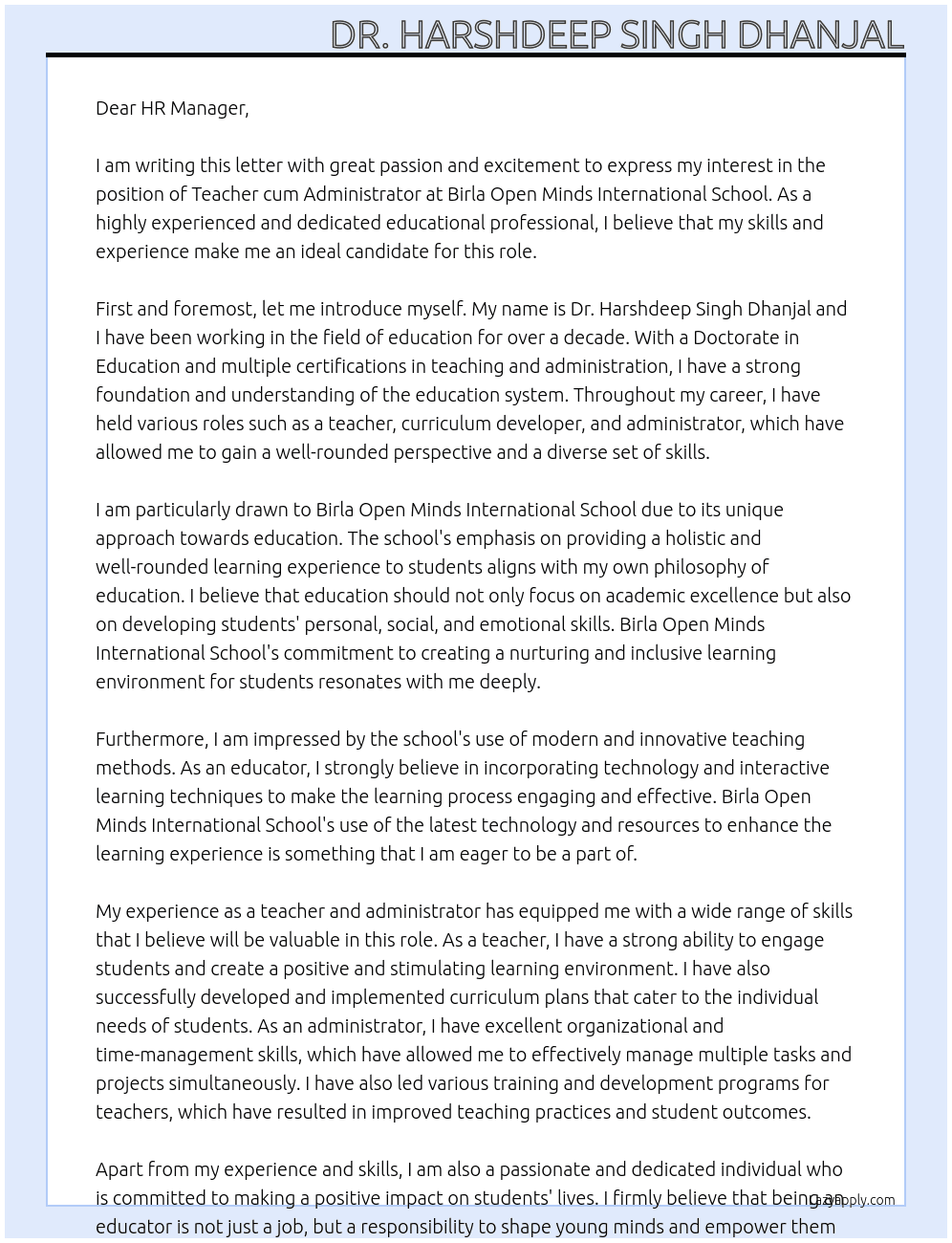 TEACHER CUM ADMINISTRATOR At BIRLA OPEN MINDS INTERNATIONAL SCHOOL Cover Letter