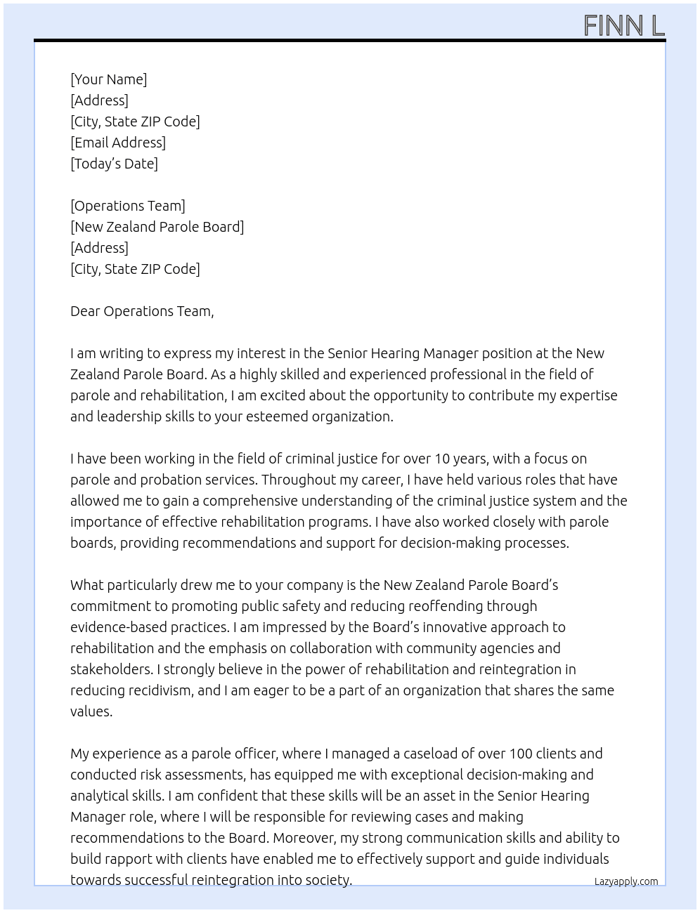 Senior Hearing Manager At New Zealand Parole Board Cover Letter
